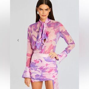 Retrofete Kindra Chiffon Blouse purple floral print sheer Revolve S NEW